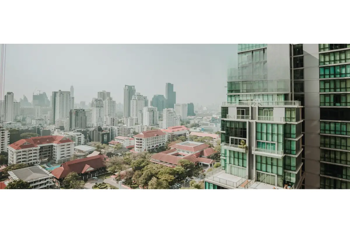 Stunning cityscape view from a high-rise building, showcasing urban architecture and skyline.