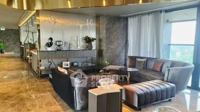 Luxurious modern living room with elegant decor and panoramic city view.