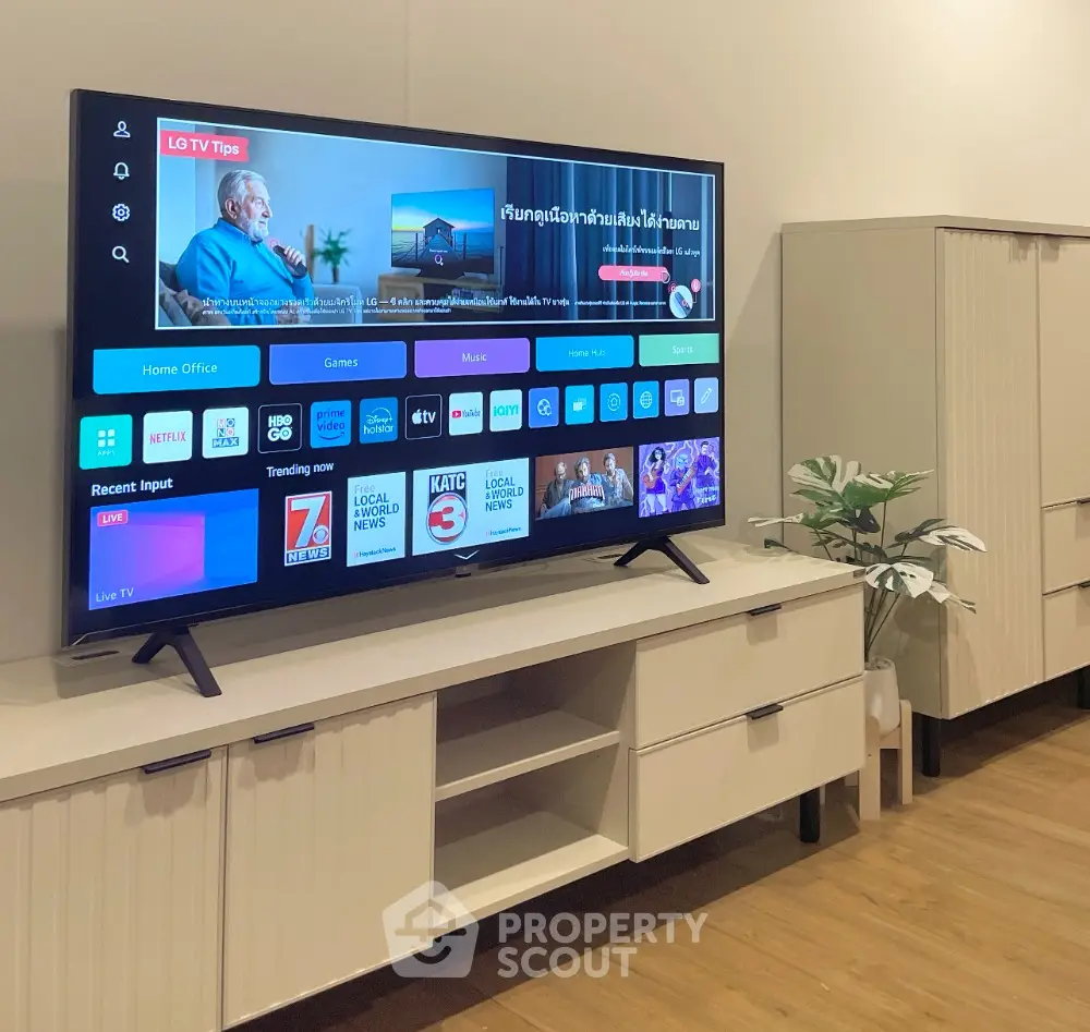 Modern living room with sleek TV setup and stylish furniture