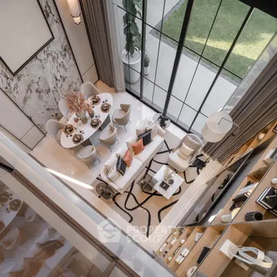 Luxurious modern living room with elegant dining area and floor-to-ceiling windows.