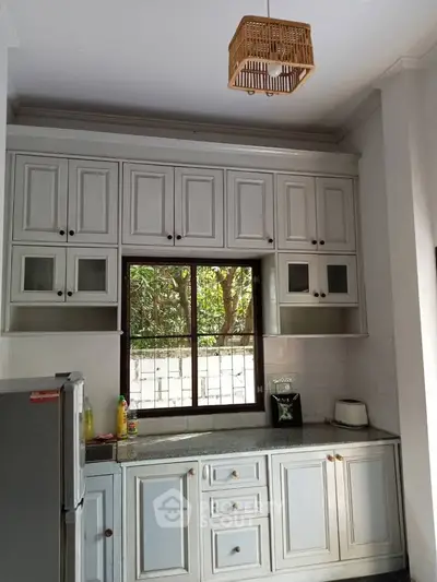 Charming kitchen with classic cabinetry and garden view, perfect for culinary enthusiasts.