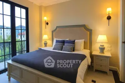 Elegant bedroom with cozy lighting and large window view