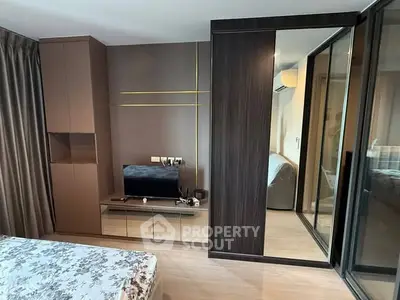 Modern bedroom with sleek design and mirrored wardrobe