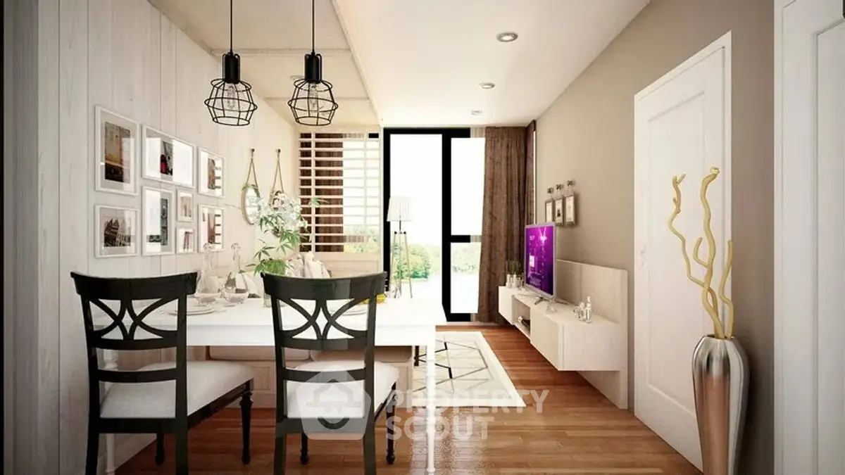 Stylish modern living room with elegant dining area and natural light