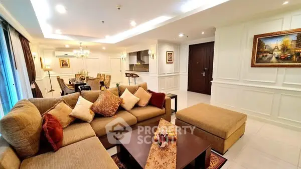 Luxurious living room with elegant decor and spacious seating area