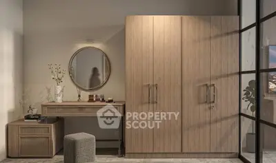 Stylish modern bedroom with wooden wardrobe and vanity set