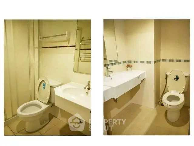 Modern bathroom with sleek fixtures and neutral tiles in a real estate property.