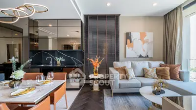 Luxurious modern living room with elegant decor and open kitchen layout