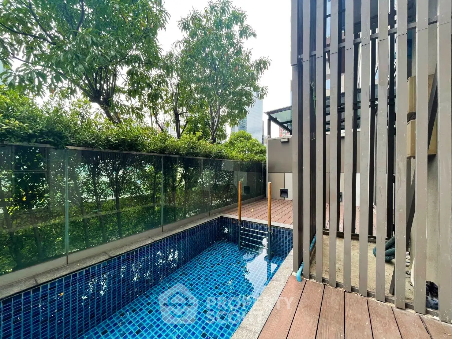 Luxurious private pool with modern design and lush greenery, perfect for relaxation and leisure.