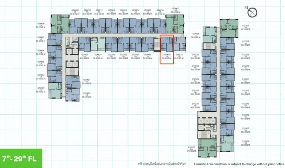 Floor plan layout for 7th to 29th floors in a modern residential building.