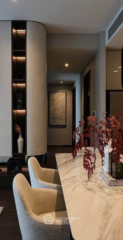 Elegant modern living room with marble table and stylish decor