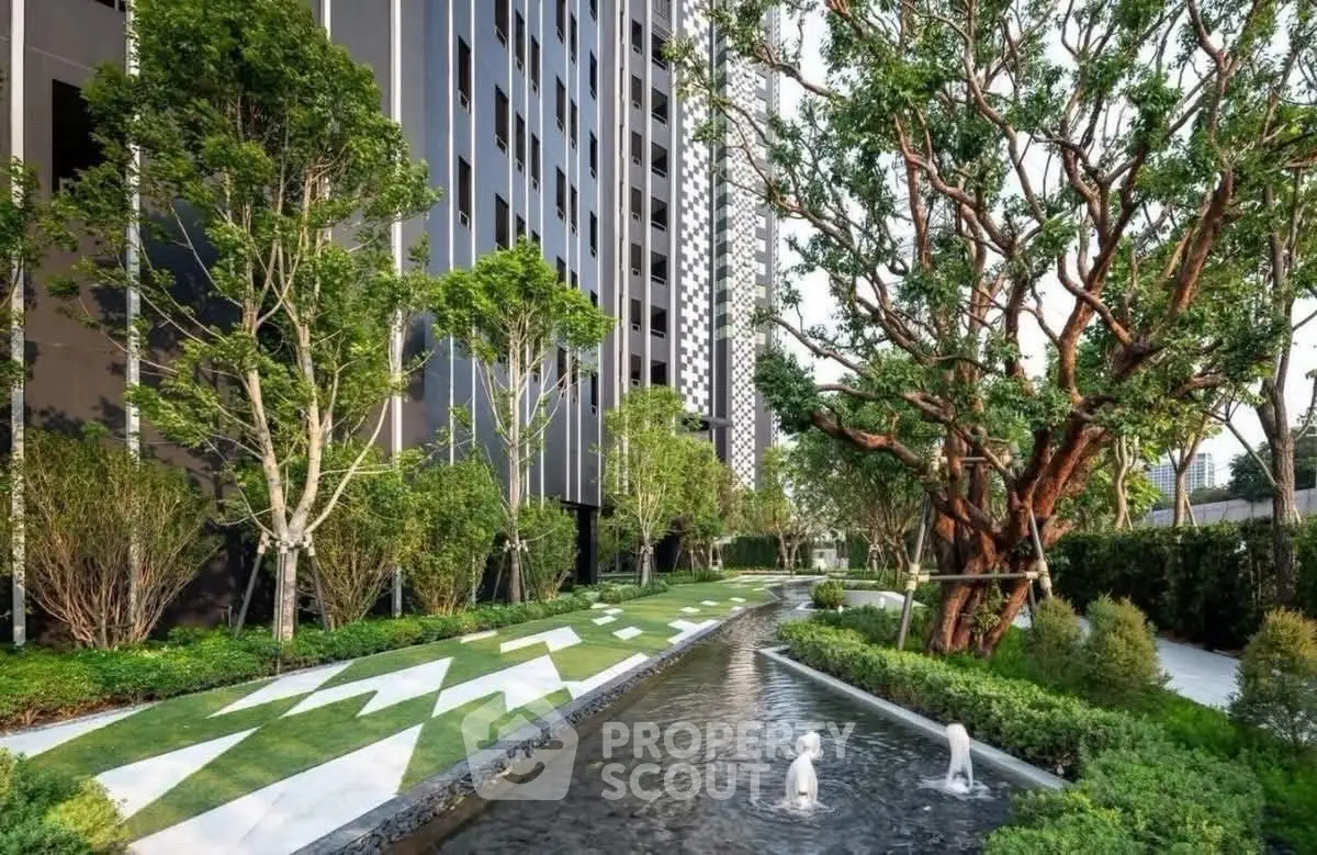 Luxurious garden view with modern building and water feature