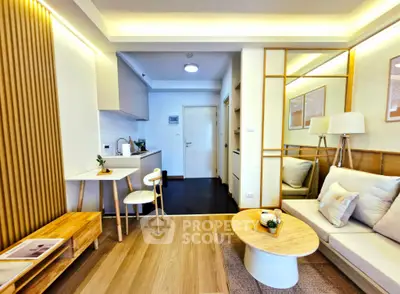 Modern living room with open kitchen and stylish decor