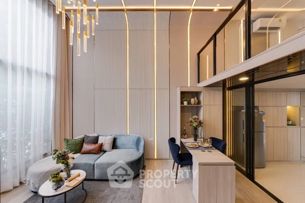 Luxurious modern living room with high ceilings and elegant decor