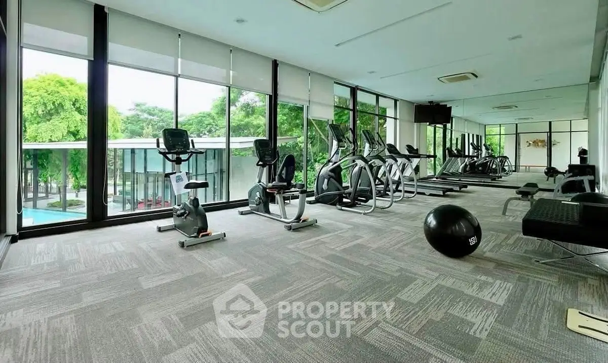 Spacious modern gym with large windows and lush greenery view, featuring state-of-the-art fitness equipment.