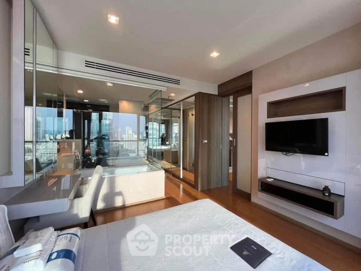 Luxurious modern bedroom with city view and sleek interior design