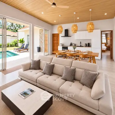 Luxurious open-plan living room with pool view, modern kitchen, and elegant decor in a tropical villa.