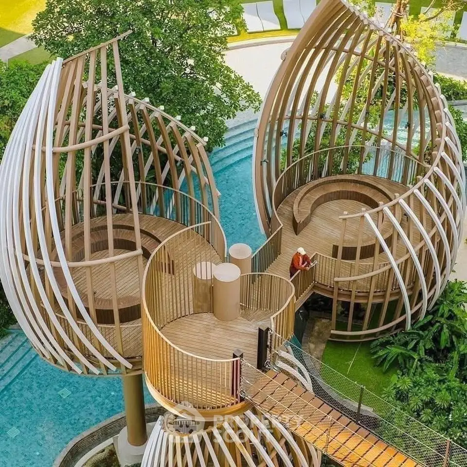 Stunning architectural treehouse with unique design and pool view, perfect for luxury living.