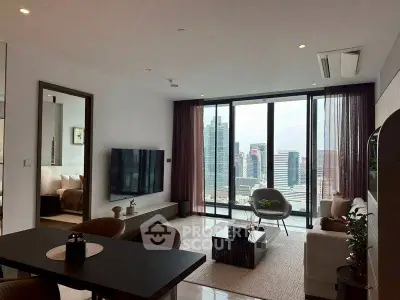 Luxurious modern living room with stunning city view and elegant decor