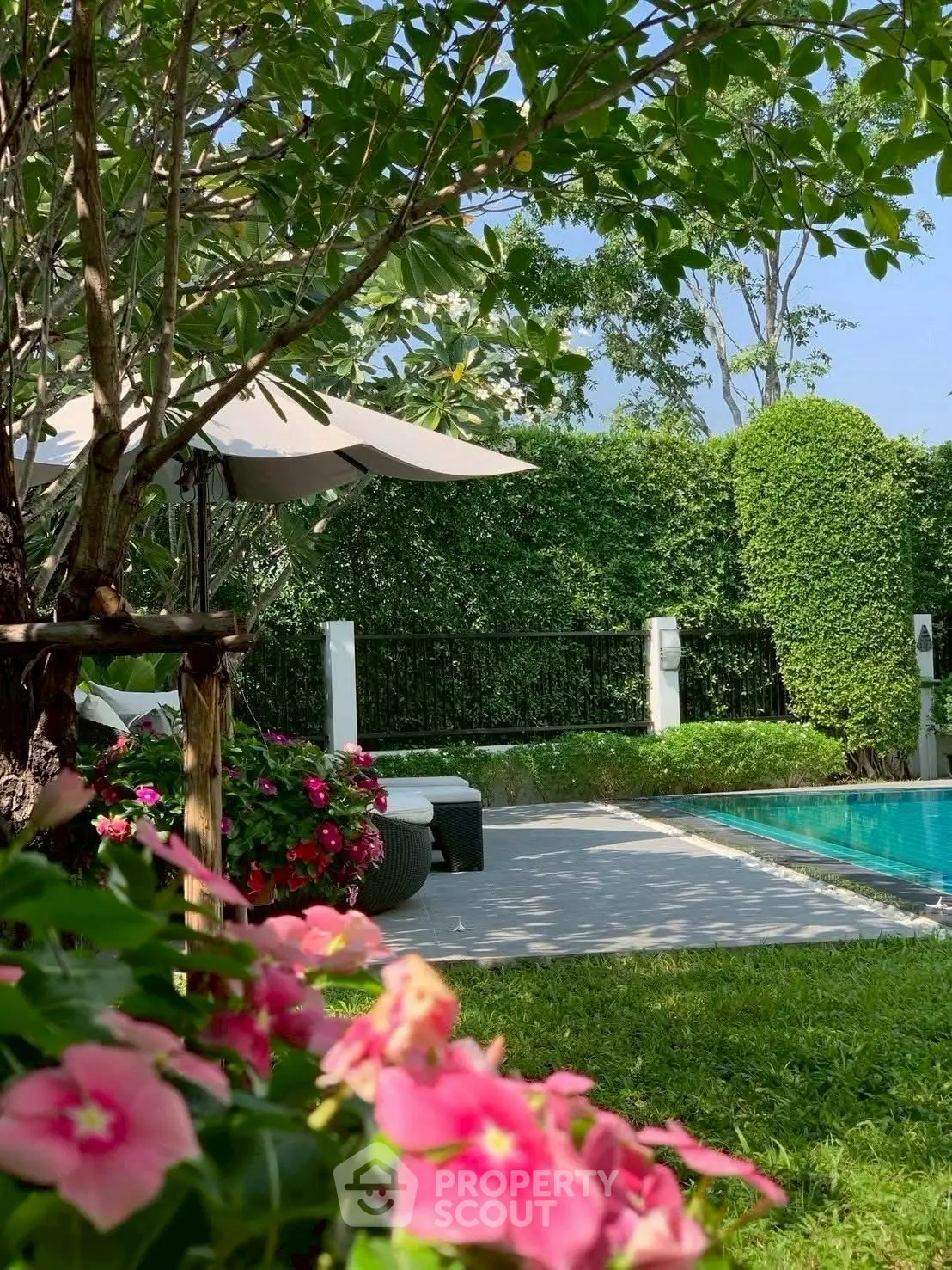 Luxurious garden with poolside view and lush greenery