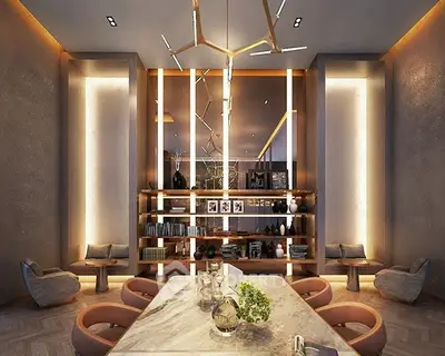 Luxurious modern living room with elegant lighting and stylish decor