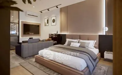 Luxurious modern bedroom with stylish decor and cozy seating area.