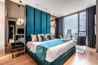 Luxurious modern bedroom with city view and elegant decor