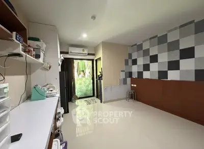 Spacious modern room with stylish wall design and ample storage space