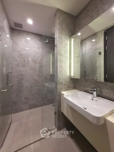 Modern bathroom with sleek design and glass shower enclosure