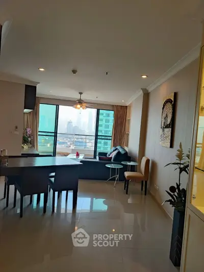 Spacious modern living room with city view and elegant decor