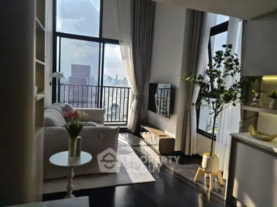 Luxurious living room with stunning city view and modern decor