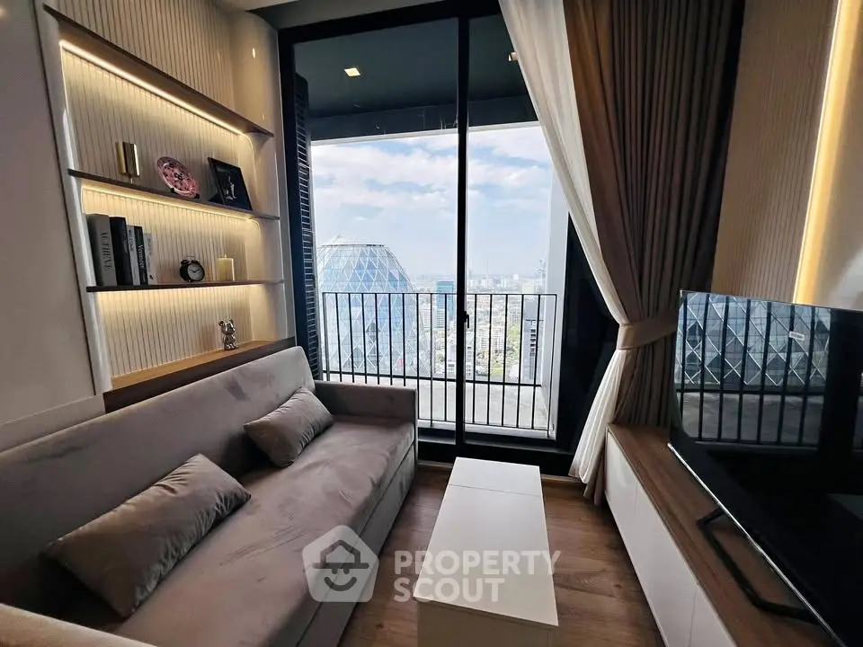 Modern living room with stunning city view and elegant decor