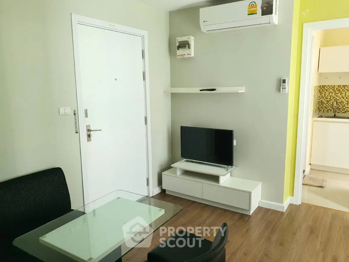 Modern apartment interior with sleek furniture and air conditioning