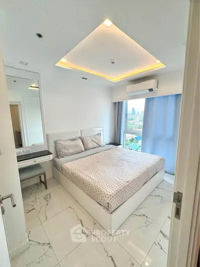 Modern bedroom with city view, featuring sleek design and ample natural light.