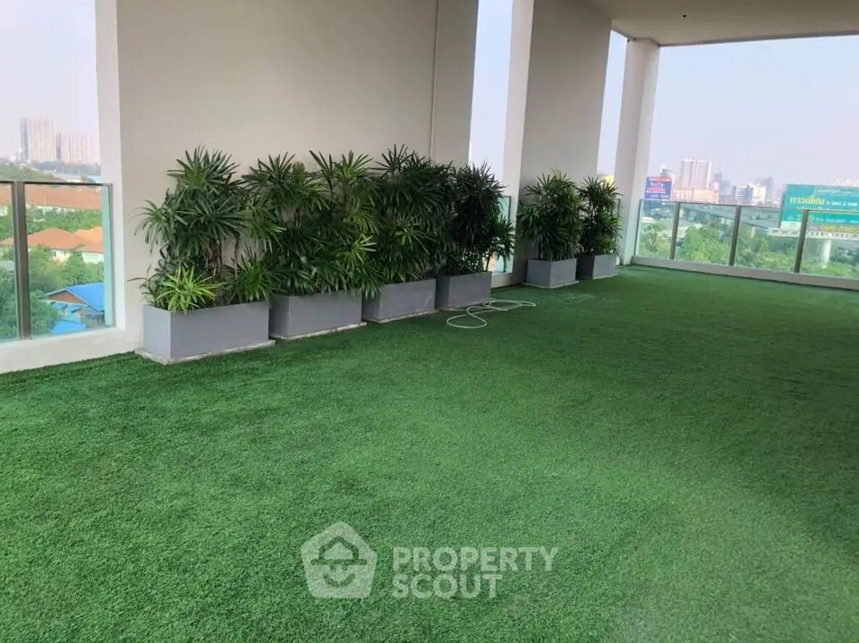 Spacious rooftop garden with lush greenery and city views