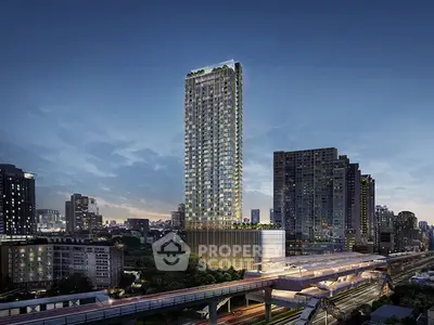 Stunning high-rise building with panoramic city views at dusk, ideal for urban living.