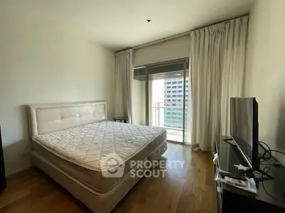 Spacious bedroom with balcony access in modern apartment