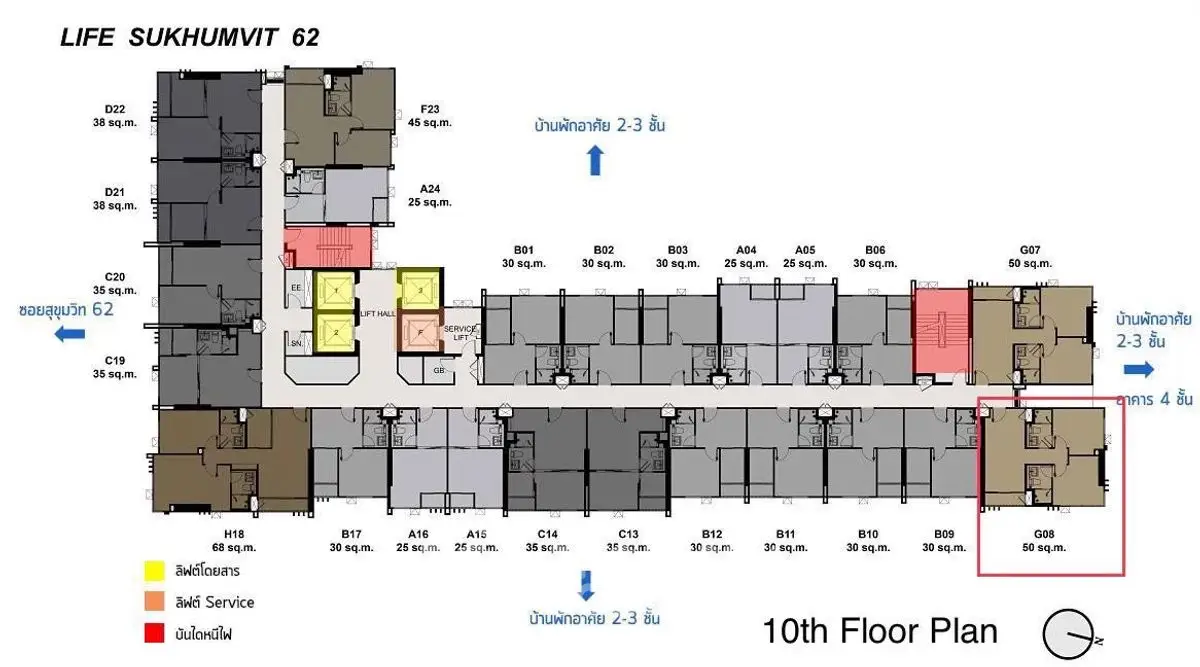 Detailed 10th floor plan of Life Sukhumvit 62 with unit layout and service areas.