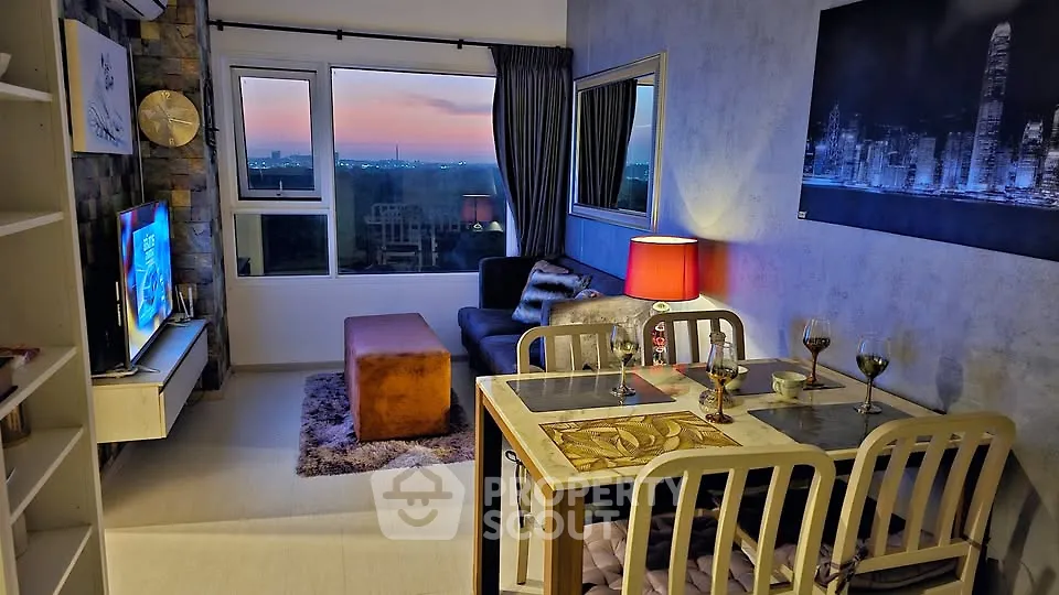 Charming living room with city view, cozy seating, and elegant dining area, perfect for urban living.