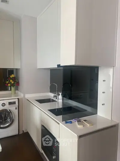 Modern kitchen with sleek cabinetry, built-in appliances, and washing machine in compact layout.