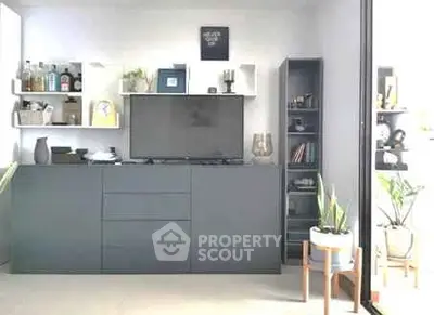 Modern living room with sleek storage and TV unit, bright and airy ambiance.