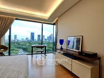 Luxurious bedroom with stunning city view and modern decor, featuring floor-to-ceiling windows and elegant furnishings.
