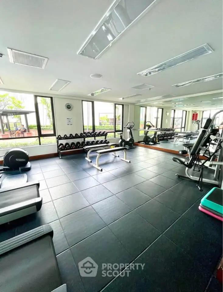 Spacious gym with modern equipment and large windows offering garden views.