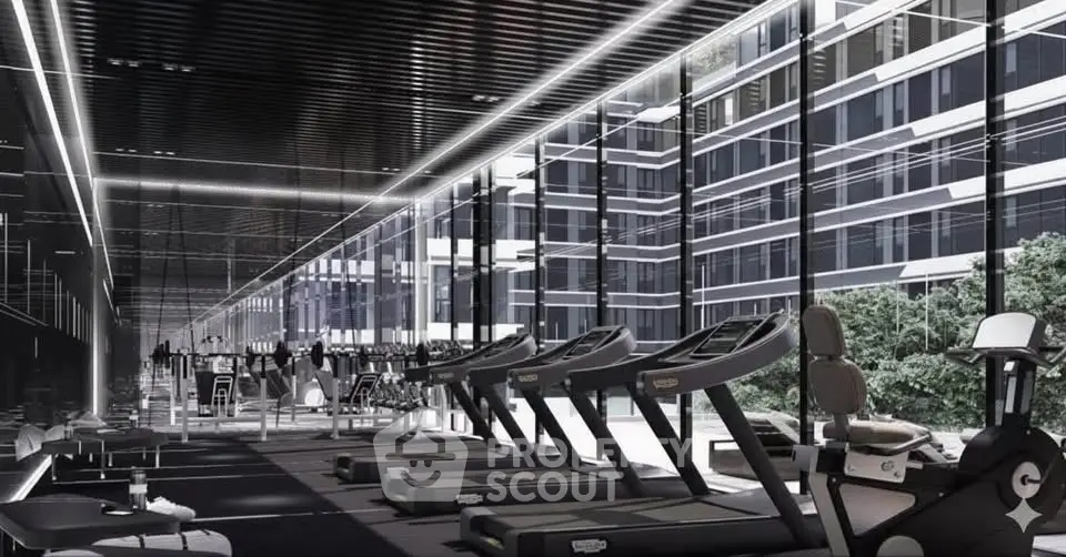 Luxurious modern gym with state-of-the-art equipment and stunning city views.