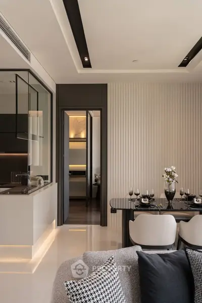 Luxurious modern living room with elegant dining area and stylish decor