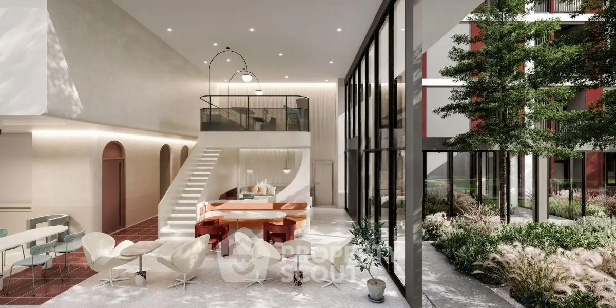 Luxurious modern lobby with stylish seating and garden view in upscale residential building.