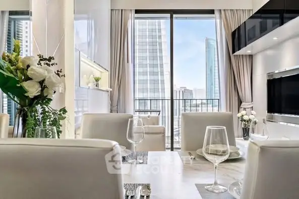 Luxurious modern living room with elegant decor and stunning city view.