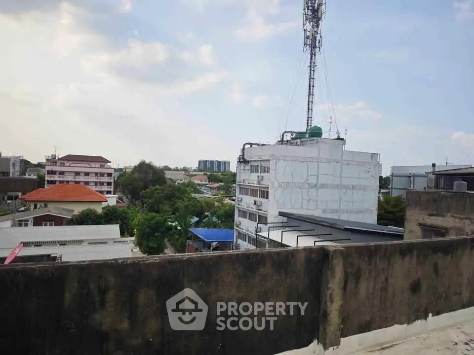 Urban rooftop view with surrounding buildings and clear sky