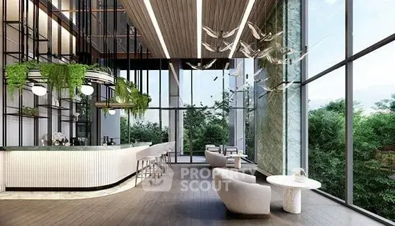 Luxurious modern lobby with high ceilings, elegant seating, and lush greenery, offering a serene ambiance.