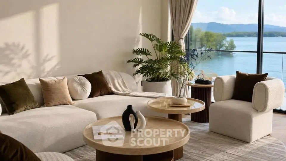 Luxurious living room with stunning lake view and elegant decor